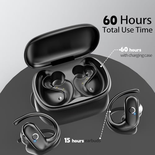 Revolutionary Bluetooth 5.3 Wireless Earbuds – Ultra-Lightweight Noise-Cancelling Headphones with Deep Bass for Sports Enthusiasts – Waterproof Design with Secure Ear Hooks for Running, Biking, and Climbing – Unmatched 60 Hours Playtime in Sleek Black Finish