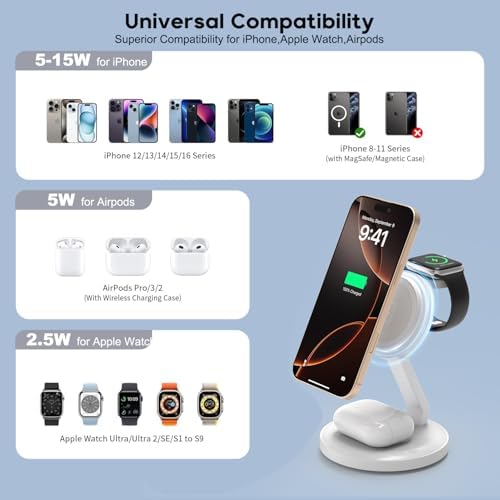 3-in-1 Wireless Magnetic Charging Station for i Phone, Apple Watch, and Air Pods – Fast 15 W Foldable Dock with Strong Magnetic Hold, Compact Design for Travel, Compatible with i Phone 16/15/14/13/12 Series, Apple Watch Ultra/SE/Series 2-10, and Air Pods Pro – Rapid Charge Your Devices to 50% in Just 30 Minutes, Includes 20 W PD Adapter and USB-C Cable – Reliable Safety Features for Peace of Mind