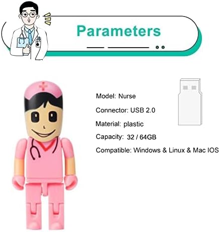 Charming Cartoon Nurse 64 GB USB Flash Drive – Adorable Pink Thumb Drive for Effortless Data Storage, USB 2.0 Compatible Memory Stick for Professionals and Students Alike