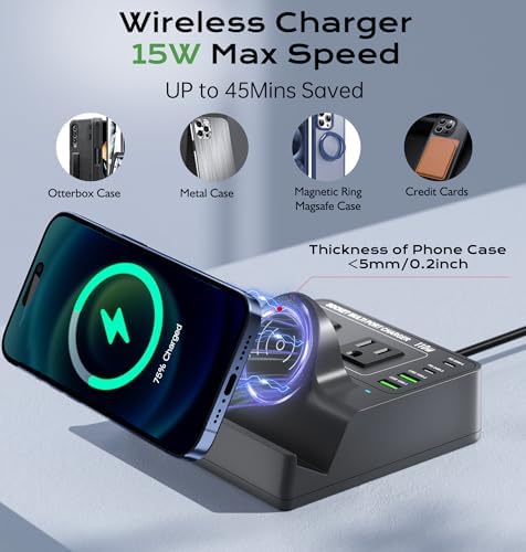 TOPOINT 7-in-1 Multi-Device Charging Hub with Wireless Charging Pad – 65 W Fast USB-C Power Strip for i Phone, Samsung, Mac Book, and More – Ultimate Compatibility and Space-Saving Design for Home and Office Use
