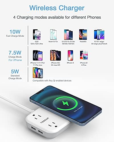 TESSAN Ultra-Compact Wireless Charging Hub with Dual USB Ports and AC Outlets – 4 ft Extension Cord for Seamless Device Charging in Dorm Rooms and Travel – Elegant Mini Flat Plug Design for i Phone and Samsung Compatibility – Essential Power Station for Modern Lifestyle
