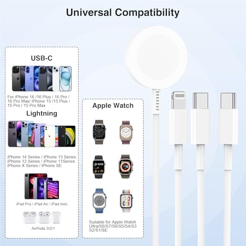 Ultimate 3-in-1 Magnetic Charger for Apple Watch – Fast USB-C Charging Cable for i Phone & i Pad Compatibility – 6 FT Versatile Length for All Apple Watch Series – Durable Design for Effortless Home and Travel Charging
