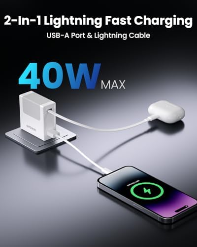 Revolutionary 40 W Fast Charging Portable USB Phone Charger Block with Retractable 31.5-inch Lightning Cable – Compact Wall Adapter with USB-C Port and Foldable Plug for i Phone 14/13/12, Perfect for Travel and Everyday Use