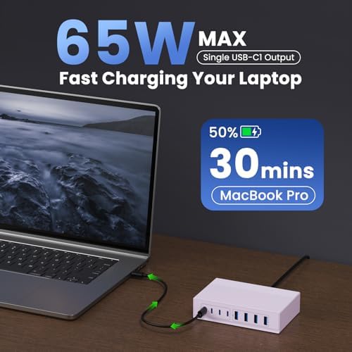 Revolutionize Your Charging Experience: 200 W Ga N III USB C Travel Charger Hub – 8-in-1 Multi-Device Fast Charging Station for Mac Book Pro, Dell XPS, i Phone 16/15/14 & Galaxy S24 – Compact, Lightweight Design with PD 65 W Power Delivery & Enhanced Compatibility – Stylish Purple Finish for Tech Enthusiasts