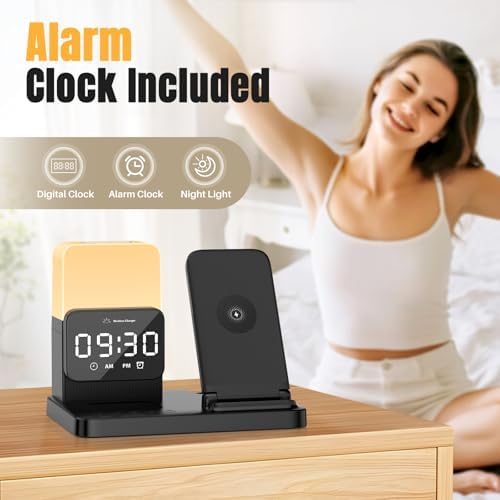 Ultimate 6-in-1 Wireless Charging Dock: Qi Certified Fast Charger for i Phone, Samsung, Air Pods, and Apple Watch with Digital Alarm Clock and Adjustable Night Light – 15 W Power Station with 20 W Adapter Included – Ideal for Streamlined Charging Solutions and Cable Management