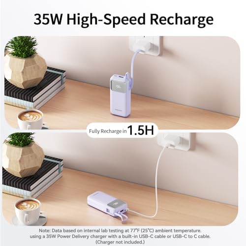 10,000 m Ah Portable Power Bank with Integrated USB-C Cable – Ultra-Fast Charging Solution for i Phone 16/15, Mac Book, Galaxy, i Pad & Air Pods – Your Essential Travel Power Companion with Superior Device Compatibility and Speed