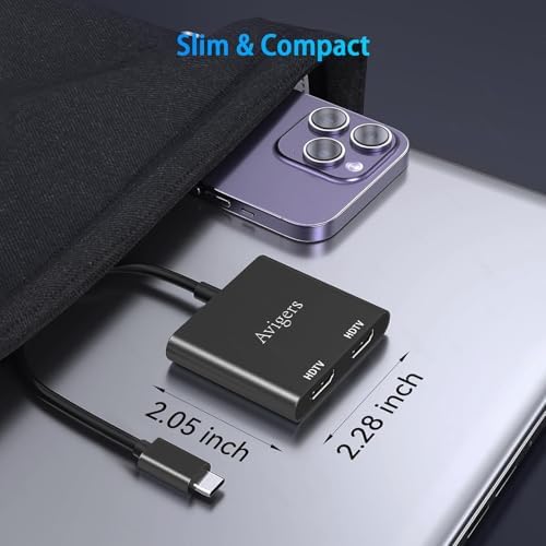 Elevate Your Setup with the Avigers USB C to Dual HDMI Adapter – 4 in 1 Multi-Display Hub for Seamless 4 K Productivity and Gaming, Features 2 HDMI Outputs, PD Charging Port, and USB 3.0 for Lightning-Fast Data Transfer – Lightweight, Portable Design for On-the-Go Professionals and Gamers
