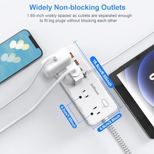 Ultimate Power Strip Surge Protector – 8 Outlet Multi Plug Adapter with 4 Fast-Charging USB Ports (2 USB-C), 5 FT Flexible Extension Cord, 45° Ultra-Slim Flat Plug Design for Seamless Wall Mounting in Office, Travel, or Dorm Settings – Superior Device Protection and Charging Efficiency