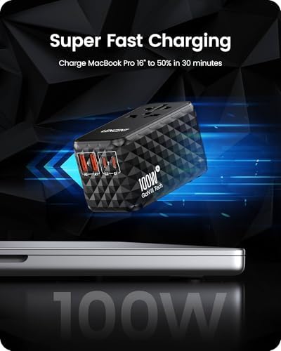 85 W Universal Travel Power Adapter with Retractable USB-C Cable – Optimal Fast Charging Hub for Global Use, Featuring 4 Ports for Seamless Connectivity in US, EU, UK & Beyond, Engineered for On-the-Go Professionals Seeking Efficiency and Versatility