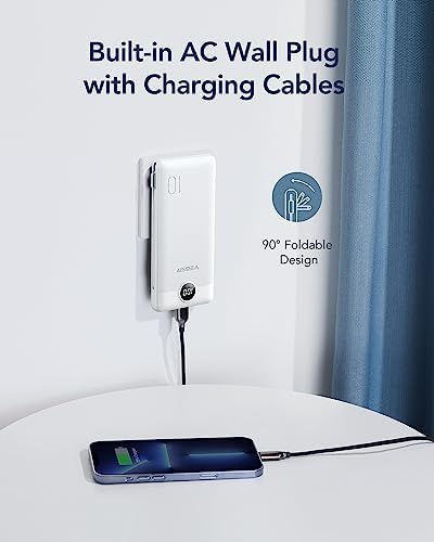 VEGER Ultra-Slim 10,000 m Ah Portable Charger with Built-in Cables and Integrated Wall Plug – Fast Charging Power Bank for i Phone, i Pad, Samsung, and More – Essential Travel Battery Pack for On-the-Go Charging and Enhanced Device Compatibility