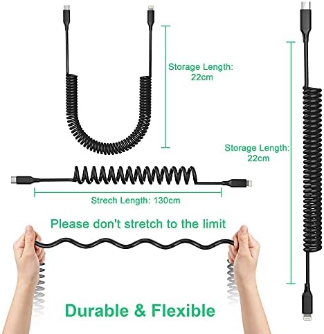 Retractable USB-C to Lightning Charging Cable – MFi Certified Coiled Charger for i Phone 14, 13, 12, 11 Pro Max, XR, XS, X, 8, 7, 6 Plus, 5, SE – Fast Charging, Tangle-Free Design for Ultimate Portability and Efficiency