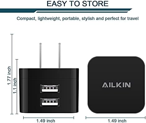 AILKIN Dual Port USB Wall Charger Pack – 2.4 A Fast Charging Power Cube for i Phone 15/14/13/12 Pro Max & Samsung Devices – Compact Travel Adapter for Simultaneous Device Charging – Sleek White Design for Home & Office Use