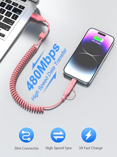 Versatile 4-in-1 Coiled USB C and Lightning Cable for i Phone 15 and 16 – 3 FT Fast Charging Car Charger Cord with 60 W Power Output, Stylish Pink Design, Compatible with Car Play and Android Auto for Ultimate Convenience and Enhanced Connectivity