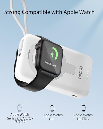 Miady 10,000 m Ah Magnetic Power Bank with Integrated Apple Watch Charger – Fast 35 W Wired & 15 W Wireless Charging for i Phone 16/15/14/13/12 & Android Devices – Compact Design with Built-In USB-C Cable & Safety Features for Effortless On-the-Go Power Solutions