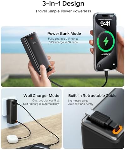 Revolutionary 3-in-1 Travel Charger for i Phone 16/15 | 10,000 m Ah Power Bank with Foldable Wall Plug and Retractable USB-C Cable | 30 W PD Fast Charging Capability, LED Power Indicator, TSA-Approved for Hassle-Free Business Trips | Unmatched Versatility and Quick Charge Solutions