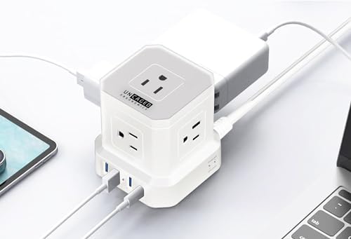 Uncaged Ergonomics Cube Power Strip with 10 ft Extension Cord – Surge Protected Charging Station Featuring 5 AC Outlets, 3 USB Charging Ports (1 USB-C Fast Charger) and On/Off Switch for Ultimate Convenience and Safety