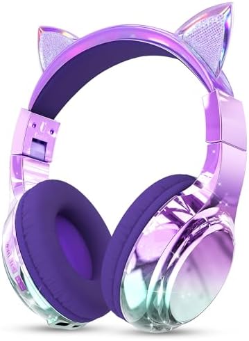 Elevate Your Child’s Listening Experience with Qear Fun Purple Cat Ear Bluetooth Headphones – 60 Hours of Playtime, Safe Volume Control (74/85/94 d B), Ultra-Portable Foldable Design, Advanced Bluetooth 5.3 Connectivity, and Built-in Mic for Girls – Perfect for School, Travel, and On-the-Go Fun