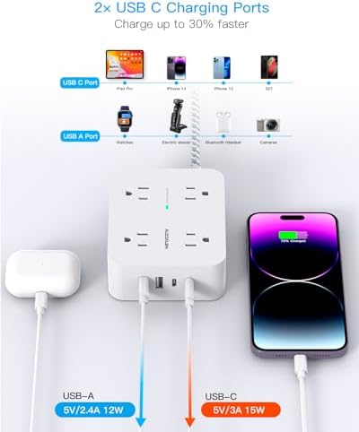 HANYCONY 6 ft Surge Protector Power Strip with 8 Outlets & 2 USB-C Ports – Essential College Dorm Extension Cord with Space-Saving Flat Plug for Fast Charging and Device Safety – Perfect for Home Office and Tech Needs