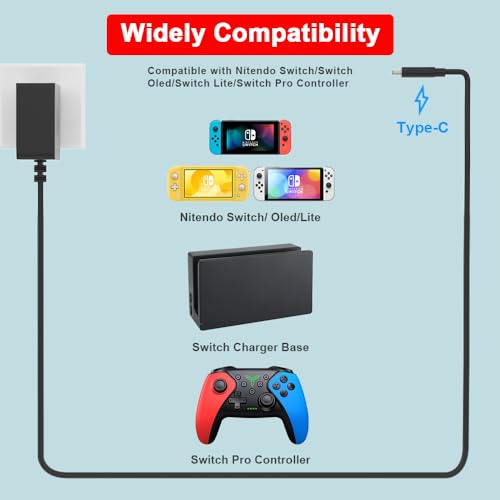 10 FT USB-C Power Adapter for Nintendo Switch & Lite – High-Speed 15 V 2.6 A Charger for Ultimate Gaming Freedom – Enhanced Dock Compatibility for Continuous Play and Versatile Setup