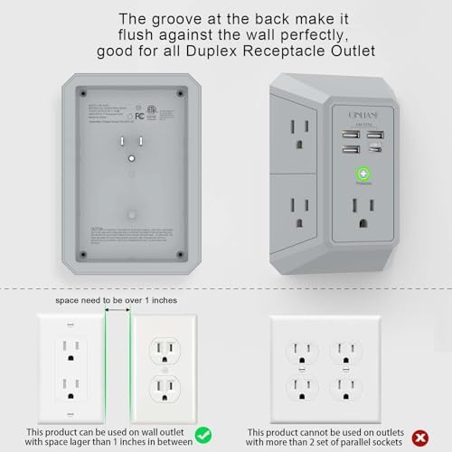 QINLIANF 5-Outlet USB Wall Charger with Surge Protection – 4 USB Ports (4.8 A Total) Power Strip Extender, 3-Sided Design for Easy Access, 1680 J Surge Defense, Compact Multi-Plug Adapter for Home, Travel, and Office Use – Elevate Your Charging Experience with Versatile Compatibility and Safety