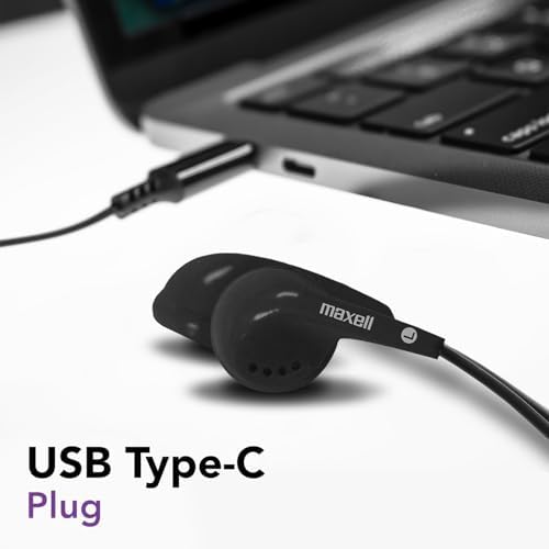 Maxell USB-C Wired Earbuds with Microphone – Ergonomically Designed for Ultimate Comfort and Superior Audio Performance | Compatible with All USB-C Devices, Perfect for Music Aficionados and Professionals | Tangle-Free Cable for Hassle-Free Use and Crystal-Clear Communication