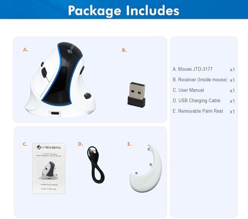 Elevate Your Comfort and Efficiency with the J-Tech Digital Wireless Ergonomic Mouse – Dual Mode Bluetooth & USB Connectivity, Rechargeable, Adjustable DPI Up to 3200 for Laptops, Desktops, PCs, and Macs – Sleek White Design for Modern Workspaces