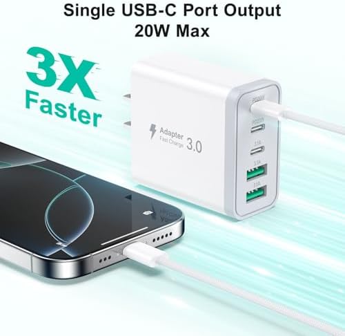 Besgoods 50 W USB C Charger Block – High-Speed Multi-Port Charging Solution for i Phone 16 Pro Max, i Pad, and Galaxy Devices – Includes Durable 6 ft Braided USB-C to C Cable – Perfect for Home, Office, and Travel – Charge Up to 5 Devices Simultaneously with Enhanced Compatibility and Safety Features