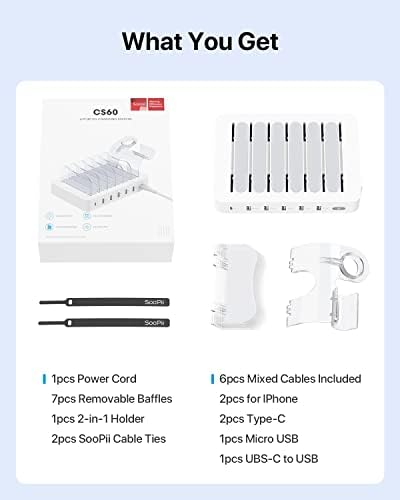 Soo Pii 60 W 6-Port USB-C Charging Station with 20 W Fast Charge – Multi-Device Power Hub for i Phone 14/13/12, Includes 6 Short Cables & 2-in-1 Holder for Organized Charging – Perfect for Home, Office & Travel