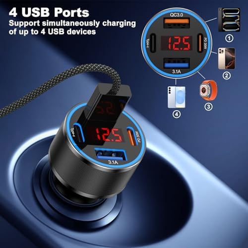 High-Power 65 W USB C Car Charger with 4 Fast Charging Ports, PD30 W Capability, Digital Voltage Display & 2 USB Cables – Ultimate Compatibility for i Phone 16/15/14/13, Samsung Galaxy S25/S24/S23, i Pads & More – Efficient On-the-Go Charging Solution