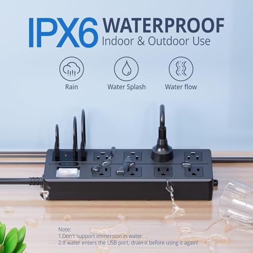Weatherproof Outdoor Power Strip with 8 Wide Outlets & 3 USB Charging Ports – 6 FT Heavy-Duty Extension Cord, 1875 W Surge Protection, ETL Listed for Safe and Reliable Use in Any Weather – Perfect for Holiday Lights and Garden Tools