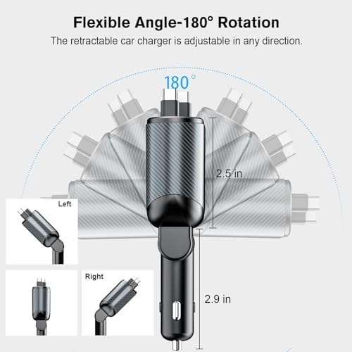 Magjieyx 62 W Retractable Car Charger: 4-in-1 Fast Charging Adapter for Ultimate On-the-Go Power – Compatible with i Phone 16/15/14/13/12 Pro Max Plus, i Pad, Air Pods, Galaxy – Quick Charge & Power Delivery Enabled for Rapid Device Charging – Tangle-Free Convenience for Commuters and Travelers