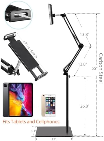 Adjustable Tablet Floor Stand with Double Weight Base – Versatile Hands-Free Holder for i Pad, Galaxy Tab, Kindle & Cell Phones – Perfect for Bedside, Couch, and Office Use – Enhanced Stability and Flexibility for Optimal Viewing Experience