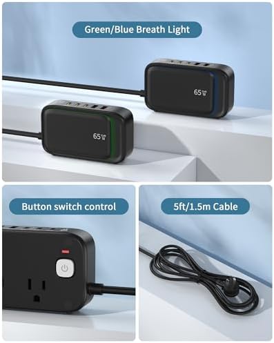 Effortless Power: 65 W USB Charging Station with Surge Protection – 5 FT Flat Extension Cord for Travel, Home, Office & School – Multi-Device Charging Hub for Fast, Safe Energy Delivery – Lightweight & Compact Design for Ultimate Portability