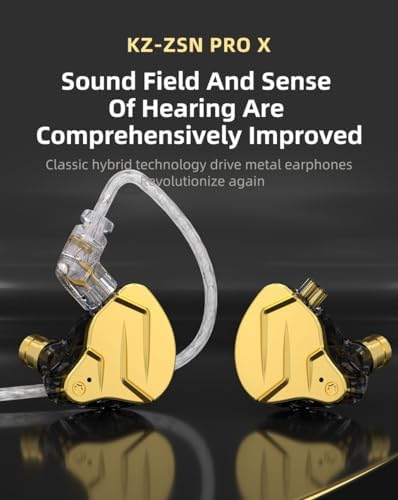 Elevate Your Audio Experience with KZ ZSN Pro X Wired Earbuds – Premium Hybrid IEMs Featuring 1 BA & 1 DD for Rich Bass and Crystal Clear Sound, Ergonomic Comfort for All-Day Wear, Detachable Cable for Personalization, Perfect for Musicians and Audiophiles, Stylish Gold Finish Enhancing Device Compatibility