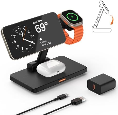 Joy Geek 3-in-1 Foldable Wireless Charging Station for Mag-Safe i Phone – Ultimate Travel Dock for i Phone 12-16 Pro Max, Apple Watch Series 4-10, and Air Pods Pro 2/3/4 – Fast, Compact, and Convenient Power Solution for On-the-Go Charging
