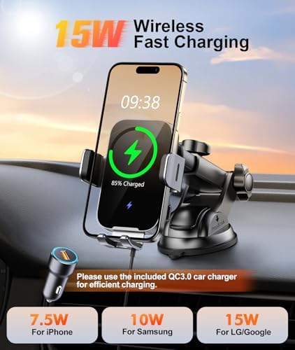 Elevate Your Driving Experience with the OBRFFE Wireless Car Charger Mount – Auto-Clamping Design for Effortless 15 W Fast Charging – Compatible with i Phone 16/15/14/13/12 Pro Max & Samsung Galaxy S25/S24+/S23 Ultra/S22/S21+ – Versatile Dash, Windshield & Vent Installation – Secure Your Device with Style and Convenience