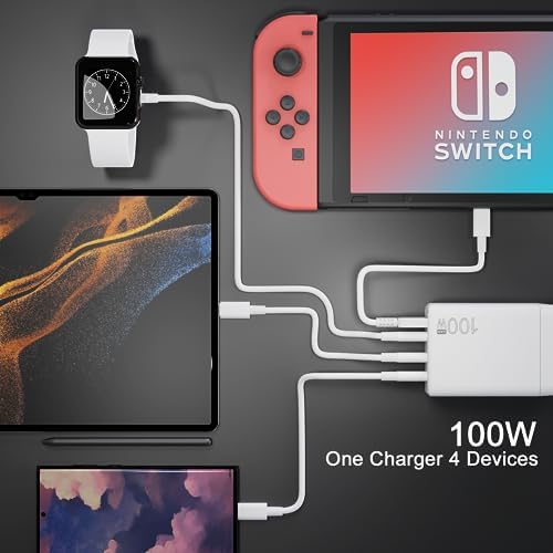 Ultra-Fast 100 W Ga N USB-C Charger for Laptops – Versatile Charging Hub with 4 Ports for HP, Lenovo, ASUS, Mac Book Pro, i Pad Pro, and More – Innovative Power Delivery PD 3.0 Technology for Rapid Device Compatibility – 5 ft AC Cable Included – Safe and Efficient Charging with Advanced Protection Features