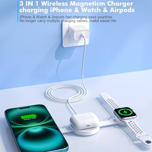 Ultimate 3-in-1 Magnetic Wireless Charging Station for Apple Devices – Compact Fast Charger Pad for i Phone 16/15/14/13, Apple Watch, and Air Pods – Foldable Travel Mag Safe Dock with Enhanced Speed and Compatibility – Ideal for On-the-Go Charging Needs