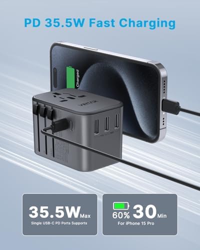 VINTAR Universal Travel Adapter: All-in-One Power Converter with 6 A Output, 3 USB-C and 2 USB Ports for Fast Global Charging Across Europe, UK, USA, and Australia – Essential Travel Accessory for Effortless Device Connectivity and Safety Features