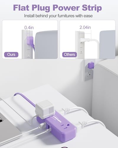Sleek Flat Plug Power Strip with 5 Ft Extension Cord – 4 AC Outlets & 3 Fast-Charging USB Ports (5 V/3.4 A) – Compact Travel-Friendly Power Solution for College Dorms, Home Offices, and On-the-Go Charging – Maximize Space and Connectivity