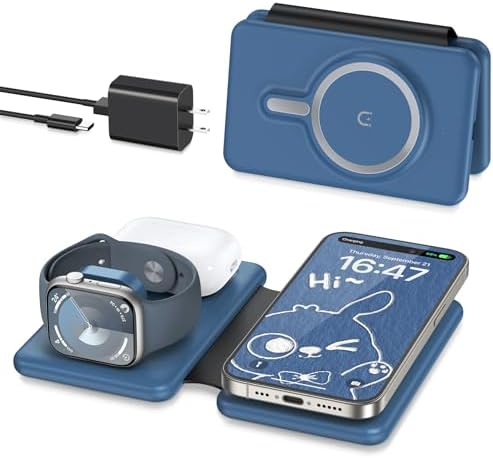 Revolutionize Your Charging Experience with the Ultimate 3-in-1 Wireless Charging Station for i Phone, Apple Watch, and Air Pods – Magnetic Foldable Design for Enhanced Portability and Fast Charging Compatibility with i Phone 16, 15, 14, 13, 12 Pro Max Plus – Effortlessly Streamline Your Tech Setup and Eliminate Cable Clutter – Durable and Stylish Solution for Home and Office Use