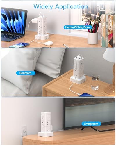 High-Performance Surge Protector Power Strip Tower with 12 Outlets and 4 USB Ports (2 USB-C) – Versatile Desktop Charging Station for Home Office and College Dorms, 6 Ft Flat Plug Extension Cord, Space-Saving Design for Enhanced Device Connectivity and Safety