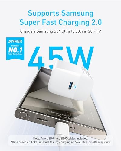 Anker 45 W USB-C Fast Charger with 5 ft Cable – Advanced PPS Technology for Rapid Charging of i Phone 16/15, i Pad, and Galaxy S24 Ultra – Optimal Device Protection and Travel-Friendly Design for Home and On-the-Go Charging