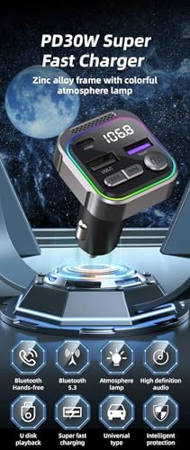 Tron 30 W Bluetooth FM Transmitter: Dual USB-C & USB-A Fast Charging Car Adapter with Enhanced Compatibility for Seamless Streaming and Hands-Free Calling – Ideal for Modern Drivers Seeking Efficiency and Style