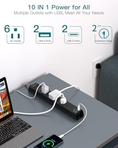 Ultimate Surge Protector Power Strip – Versatile 6-Outlet Extension Cord with 4 USB Ports (2 USB-C) and Flat Plug Design for Space Saving, Overload Protection, and Wall Mount Capability – 5 ft Length for Home, Office, or Dorm Room Efficiency and Safety