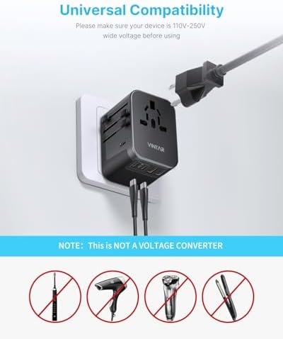 VINTAR Universal Travel Adapter: All-in-One Power Converter with 6 A Output, 3 USB-C and 2 USB Ports for Fast Global Charging Across Europe, UK, USA, and Australia – Essential Travel Accessory for Effortless Device Connectivity and Safety Features