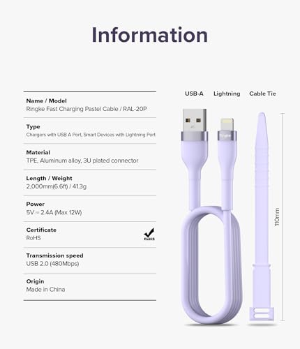 Elevate Your Charging Experience with the Ringke 6.6 FT USB to Lightning Pastel Charger Cable – Purple | Fast Charging & Enhanced Durability for i Phone, i Pad, Air Pods | Tangle-Free Design for Effortless Connectivity in Style