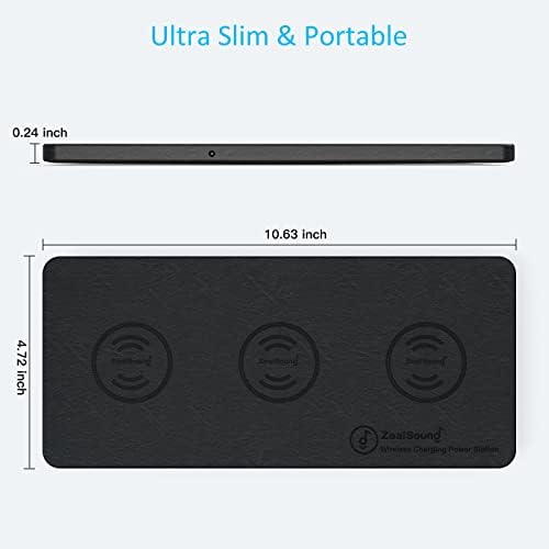 Zeal Sound Ultra-Slim Triple Wireless Charging Hub – Fast, Elegant PU Leather Charger Pad for Smartphones, Air Pods & Qi-Compatible Devices – Non-Slip Design with AC Adapter for Home & Office Efficiency