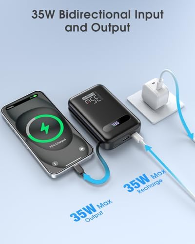 Ultimate 20,000 m Ah Energy QC Power Bank: 35 W PD 3.0 & QC 4.0 Ultra-Fast Charging Portable Charger with Dual Built-In Lightning & USB-C Cables for i Phone 16/15/14, Galaxy S24, i Pad, Air Pods – All-Day Power & 4-Device Charging with Smart LED Display for Travel & Emergencies