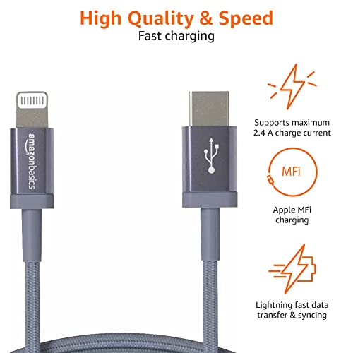 Amazon Basics 6-Foot Nylon Braided USB-C to Lightning Charger Cable – Fast Charging Power for i Phone 14/13/12/11/X/XS Pro/Pro Max/Plus – MFi Certified Durability in Dark Gray – Optimal Performance for Apple Devices on the Go